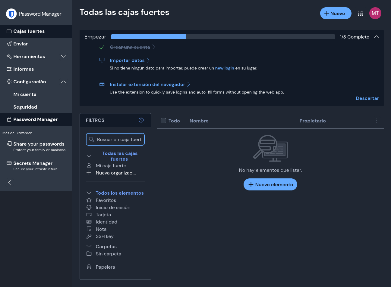 Pantalla principal de la bóveda web en Bitwarden.