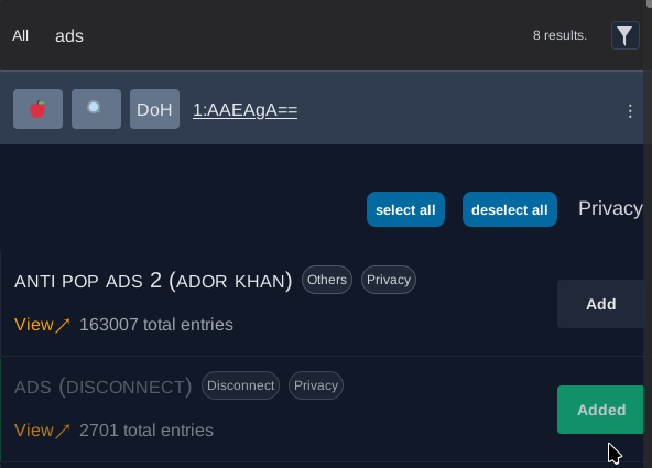 Captura de pantalla recortada de ‘https://rethinkdns.com/configure’, donde una de las listas mostradas en la página está marcada.